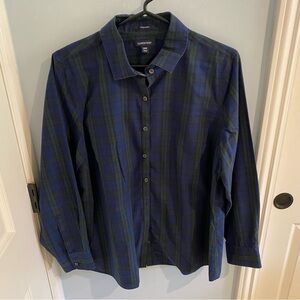 Lands' End Men's Blue and Green Plaid Shirt